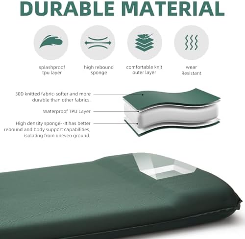 INVOKER Camping Sleeping Pad, Self-Inflating, 75 x 24 x 3.15 in, Green - Image 4