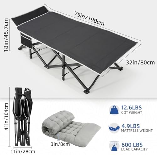 HABUTWAY Camping Cot with Mattress, 32" Extra Wide Camping Cots for Adults, Sleeping Cot for Adults Holds Up to 600LBS, Cots for Sleeping, Camp, Rv, Beach, Patio, Office Naps(Grey) - Image 4
