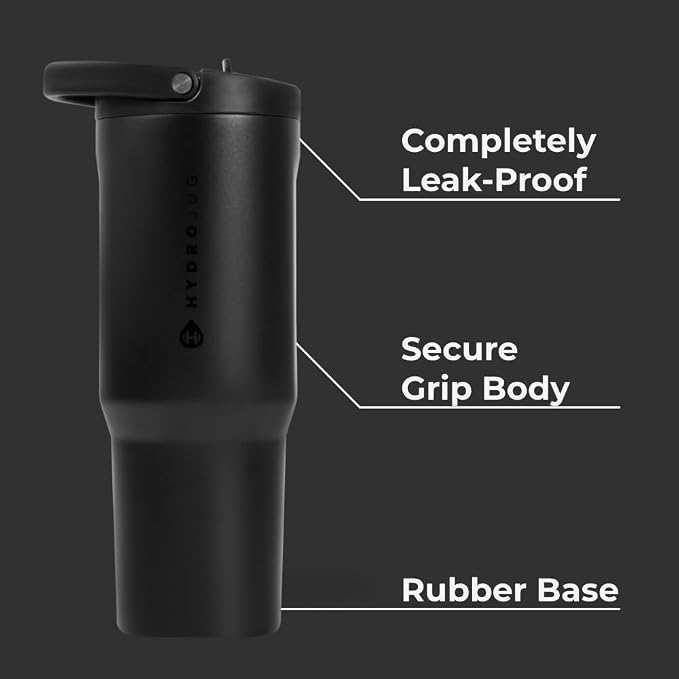 HydroJug Sport - Stainless Steel Tumbler with Straw, Vacuum Insulated, 32oz Leakproof Water Bottle, Ergonomic Design, Reusable, Dishwasher Safe, Rubber Base, Durable for Gym or Outdoors, Black - Image 2