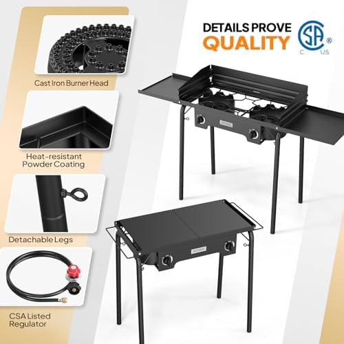 ROVSUN 2 Burner Gas Stove with Side Shelves, 150,000 BTU Portable Propane Stove with Removable Legs, Wind Panels & Regulator for Camping Home Backyard Cooking Brewing Canning Turkey Frying - Image 3
