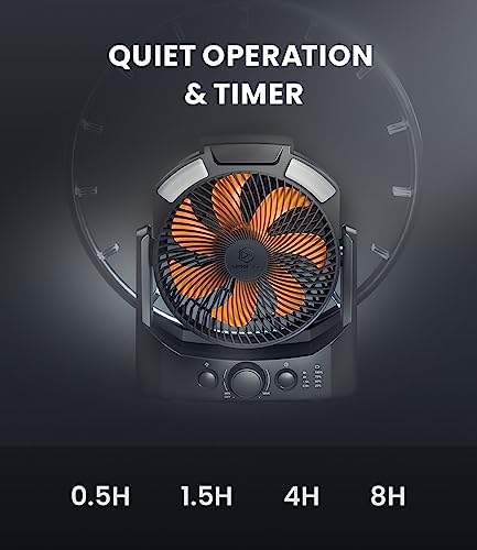 Camping Fan with LED Lantern, 8 Inch D-Cell Battery Operated Desk Fan with Timer, High Velocity Stepless Speed Control, Quiet,SOS Light, 180° Rotation USB Fan for Outdoor, Hurricane, Emergency - Image 4