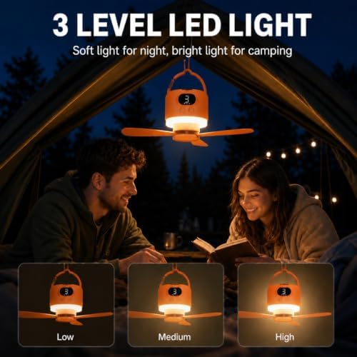 Camping Tent Fan with Light, Rechargeable Hanging Fan with Remote (Orange) - Image 5