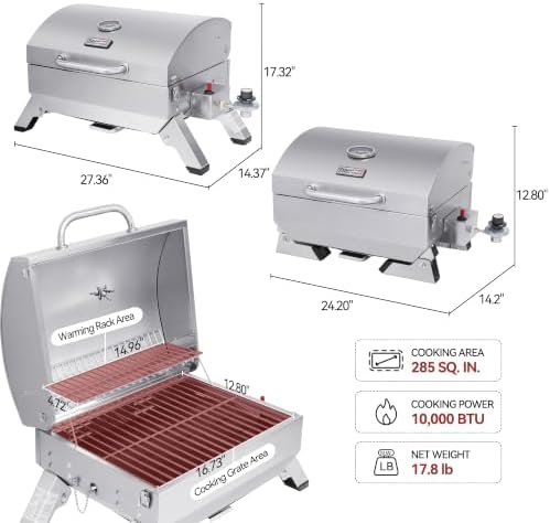 Royal Gourmet GT1001 Stainless Steel Portable Grill, 10000 BTU BBQ Tabletop Gas Grill with Folding Legs and Lockable Lid, Outdoor Camping, Deck and Tailgating, Silver - Image 4