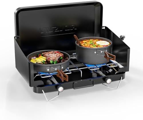 ROVSUN 2 Burner Portable Camping Stove with Adapter, 20000 BTU Tabletop Propane Camp Stove with Built-in Handle & Foldable Wind Panel for Outdoor Camping, Tailgating, Grilling by ROVSUN