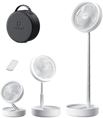 Gaiatop Portable Pedestal Fan 16000mAh Battery [Max 74h Runtime], Foldable Oscillating Standing Fan, Collapsible Desk Fans, LED Light, Case & Remote Control 4 Speeds for Outdoor Travel Camping (White) by GAIATOP