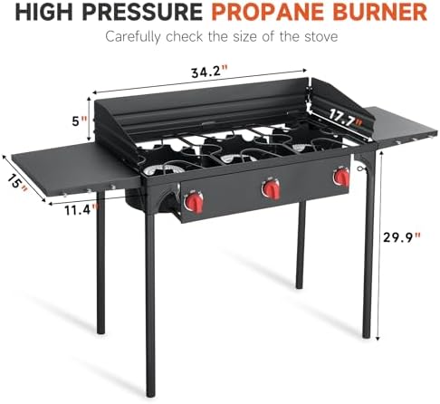 3 Burner Propane Burner, 225,000 BTU High Pressure Propane Stove with Windscreen ＆ Side Shelves, Outdoor Propane Gas Stove with 0-20 PSI Regulator for Camping, Backyard, Outdoor Cooking - Image 2