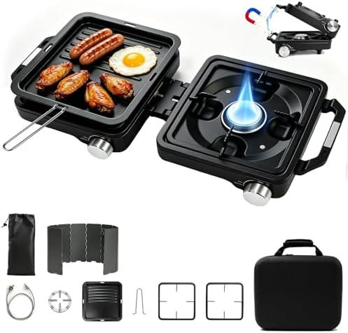 2 Burner Folding Camping Stove, 24000 BTU Propane Camp Stove with Windshield, Adjustable Burners Gas Stove with Frying Pan, Coffee Stand, Carry Bag for Camping, RV, Tailgating, Outdoor Picnic, Black by FIRXZYMZ