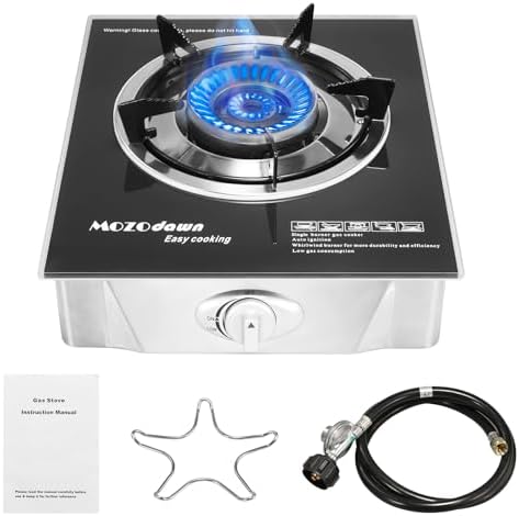 Single Burner Propane Stove 15000 BTU, Portable Gas Stove 1 Burner, Camping Stove Propane with LPG Adapter Hose for Indoor and Outdoor Kitchen Cooking by MOZODAWN