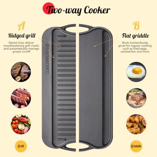 OVERMONT 17" x 9.8" Reversible Cast Iron Griddle, Double Burner Pan - Image 2