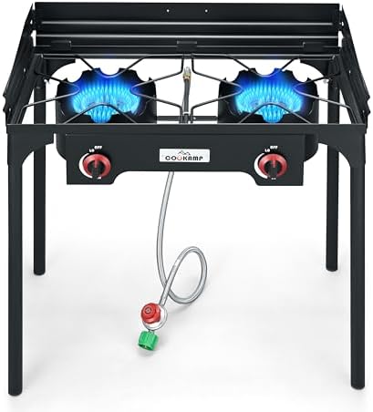 COOKAMP High Pressure Double Propane Burner With Windscreen Outdoor Camping Stove with 0-20 PSI Adjustable Regulator and Steel Braided Hose SA2510 (Two Burner Stove With Windscreen) by COOKAMP