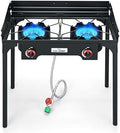 COOKAMP High Pressure Double Propane Burner With Windscreen Outdoor Camping Stove with 0-20 PSI Adjustable Regulator and Steel Braided Hose SA2510 (Two Burner Stove With Windscreen) by COOKAMP