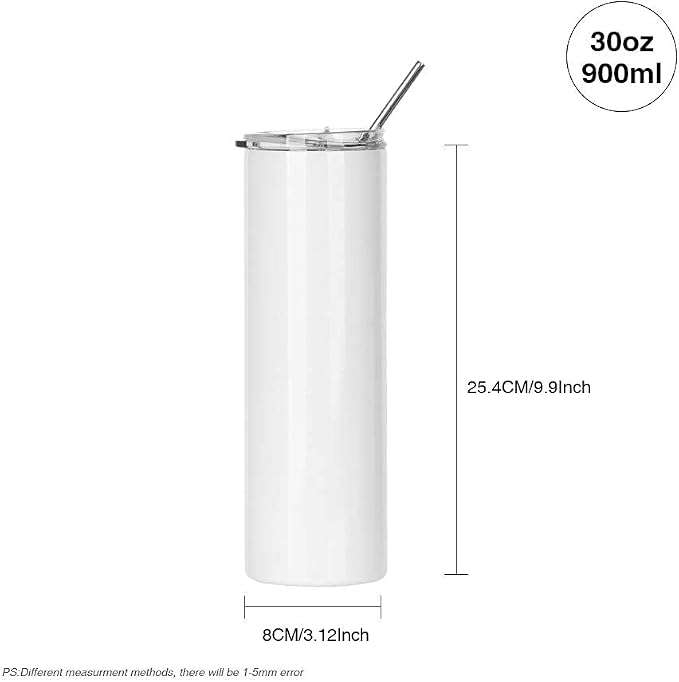 PYD Life Sublimation Blanks Tumbler Skinny 30 OZ Straight Stainless Steel Coffee Cups Mugs with Lid and Metal Straw for Tumbler Press Machine Heat Transfer 4 Pack - Image 3