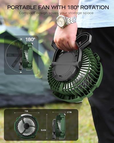 ASNUG Camping Fan with LED Lantern, 6000mAh Battery Operated Rechargeable Fan, 3 Speeds,180° Rotation, Portable Desk Fan with Hanging Hook, Tent Fan for Travel Camping Outdoor Fishing - Image 6