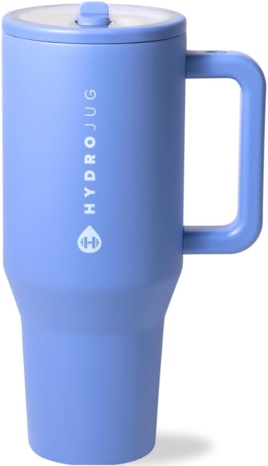 HydroJug Traveler - 32 oz Water Bottle with Handle & Flip Straw - Fits in Cup Holder, Leak Resistant Tumbler-Reusable Insulated Stainless Steel & Rubber Base - Gifts for Women & Men, Light Blue by Hydrojug