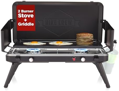 Hike Crew 2-in-1 Gas Camping Stove and Griddle | 20,000 BTU 2 Burner Propane Portable Stovetop w/Griddle Plate | Foldable Legs | Integrated Igniter w/Regulator | Wind Panels & Built-in Carry Handle by HikeCrew