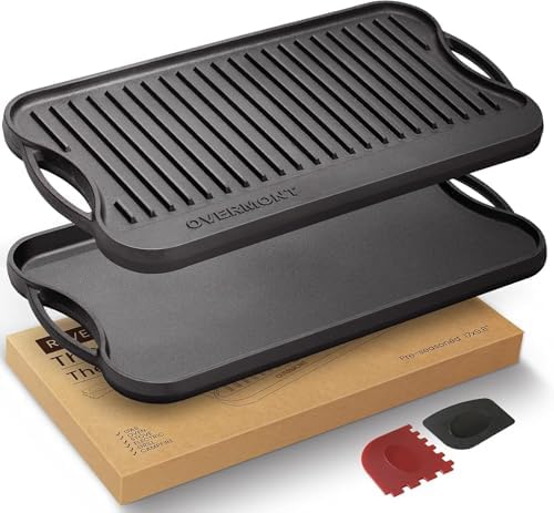 OVERMONT 17" x 9.8" Reversible Cast Iron Griddle, Double Burner Pan by Overmont