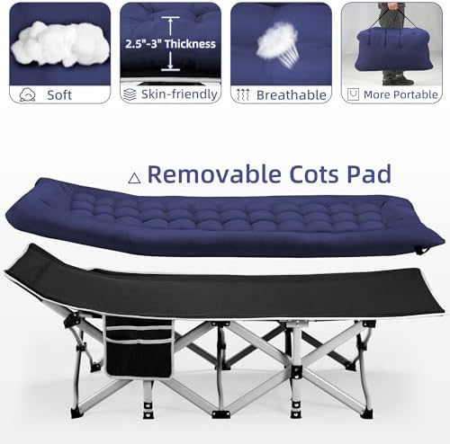 Fragess Portable Camping Cot, Sleeping Cot for Adult, 28" Extra Wide Heavy Duty Folding Cot Max Load 600LBS with Thick Mattress, Portable Camping Bed for Camp Outdoor/Office, Home Nap (Blue) - Image 4