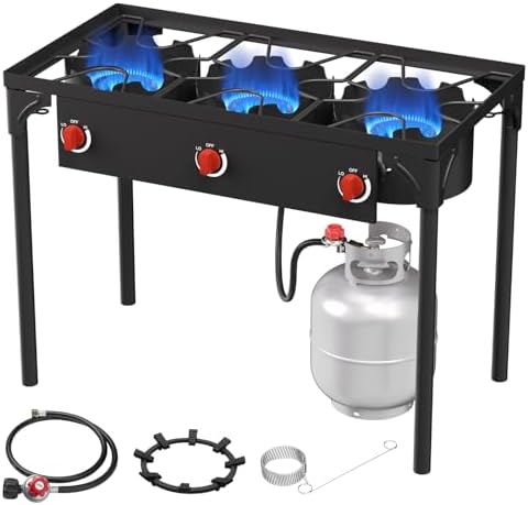 High Pressure Propane Burner, 3 Burner Camping Stove with Detachable Legs, 225,000 BTU Propane Gas Stove Burner with 0-20 PSI Regulator for Camping, Tailgating, Backyard, Outdoor Cooking by ADREAK