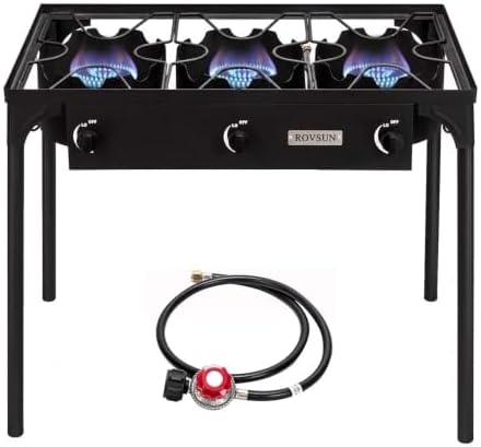 ROVSUN 3 Burner Outdoor Propane Gas Stove with Regulator, High Pressure 225,000 BTU Stand Cooker for Backyard Cooking Camping Home Brewing Canning Turkey Frying by ROVSUN