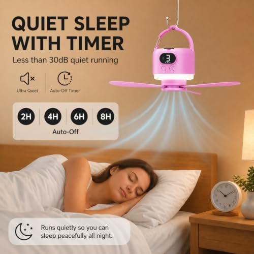 Camping Tent Fan with Light, Rechargeable Hanging Fan with Remote (Pink) - Image 3