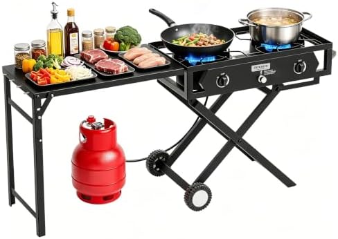 ROVSUN 2 Burner Foldable Gas Stove with Side Table, 150,000 BTU Portable Propane Stove with Ignition & Regulator for Camping Home Backyard Cooking Brewing Canning Turkey Frying by ROVSUN