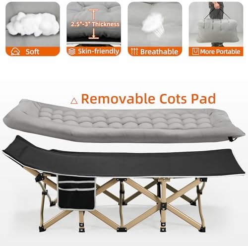 Fragess Portable Camping Cot, 600LBS Max Load, Extra Wide with Thick Mattress, Folding Cot for Outdoor Camping/Office, Home Nap (Grey) - Image 4