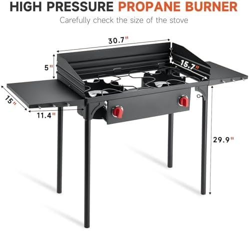 High Pressure Propane Stove, 2 Burner Outdoor Propane Burner with Windscreen ＆ Side Shelves, 150,000 BTU Gas Stove with 0-20 PSI Regulator for Camping, Backyard, Picnic, Outdoor Cooking - Image 2