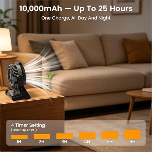 COWSAR Camping Fan Rechargeable, 10000mAh Battery, 100-Speed Adjustable, 3-in-1 Desk & Hanging Fan, Timer & Night Light, Outdoor USB Power Bank Fan for Tent Travel Bedroom Office - Image 6
