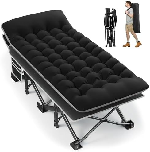 Fragess Portable Camping Cot, 32" Extra Wide Camping Cots for Adults with Thick Mattress, Heavy Duty Sleeping Cot Holds Up to 600LBS, Cots for Sleeping, Rv, Beach, Patio, Office Naps(Black) by Fragess