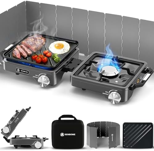 2-Burner Pro Camping Stove,24000 BTU Camp Stove,Foldable Propane Stove Includes Carry Bag,Windscreen Griddle, Portable Stove,Camping Essentials,Suitable For Outdoor Cooking (Gray) by Unknown