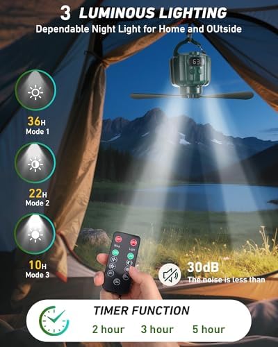 DUKUSEEK Tent Ceiling Fans for Camping, Portable Hanging Tent Fans with Light and Remote Control, USB Battery Operated Camping Fan for Canopy Tent Beach - Image 3