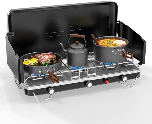 ROVSUN 3 Burner Portable Camping Stove with Igniter, 30000 BTU Propane Camp Stove with Adapter, Built-in Handle & Foldable Wind Panel for Outdoor Camping, Tailgating, Grilling by ROVSUN