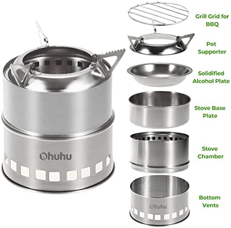 Camping Stove, Ohuhu Camp Stove Wood Burning Stove Stainless Steel Stoves Mini Portable Stove for Camping Picnic BBQ Backpacking Hiking Survival Emergency Cooking Outdoor with Grill Grid Carry Bag - Image 2