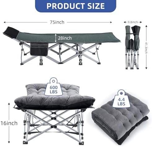 Fragess Camping Cot, Sleeping Cots for Adults, Portable Camping cots with Mattress, Pillow and Carry Bag, 1200D Double Layer Oxford, 600 LBS Weight Capacity Cots for Sleeping(Grey+Black) - Image 5