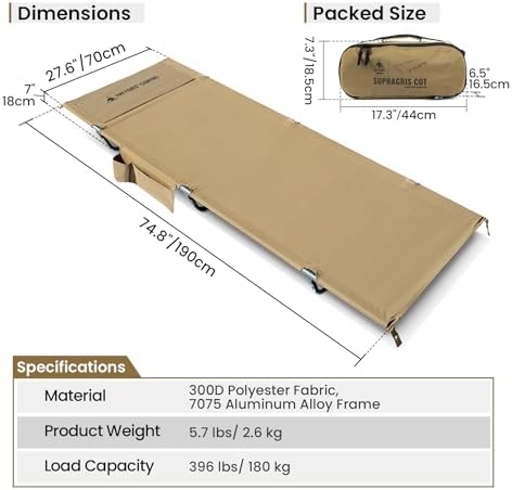 ONETIGRIS SUPRAGRIS Camping Cot, Support Up to 400lbs, Lightweight Comfortable Folding Bed for Camping, Hiking, Backpacking, Travel, Car Trips, Office Nap - Image 5