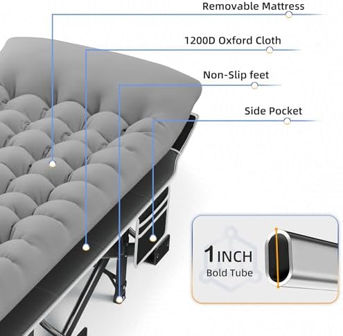 HABUTWAY Camping Cot with Mattress, 32" Extra Wide Camping Cots for Adults, Sleeping Cot for Adults Holds Up to 600LBS, Cots for Sleeping, Camp, Rv, Beach, Patio, Office Naps(Grey) - Image 6