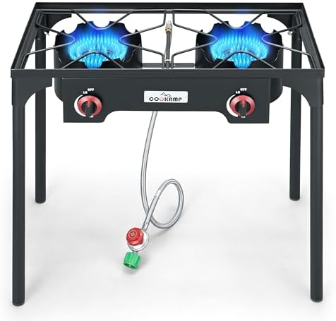 COOKAMP High Pressure Double Propane Burner Outdoor Camping Stove with 0-20 PSI Adjustable Regulator and Steel Braided Hose (Two Burner Stove) by COOKAMP