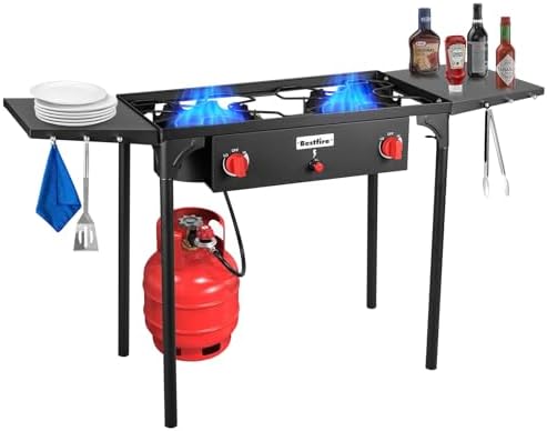 Bestfire 2 burner Camping Stove with Auto Ignition Button,Side Shelves & Regulator150,000 BTU High Pressure Gas Stove Propane Burner With Removable Legs for Outdoor BBQ&Backyard Cooking Camping Home by GrillsOutdoorCooking