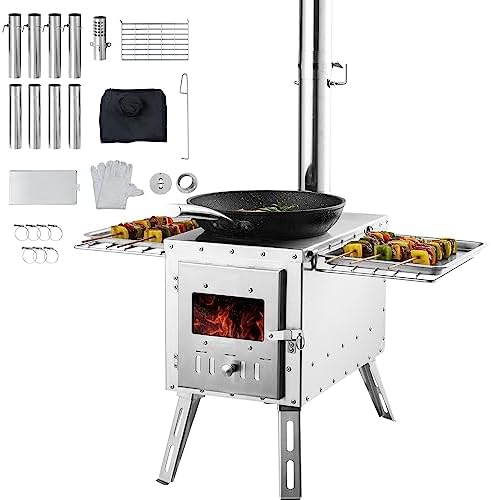 VEVOR Camping Wood Stove Stainless Steel Camping Tent Stove, Portable Wood Burning Stove with Chimney Pipes & Gloves, 1646in³Firebox Hot Tent Stove for Outdoor Cooking and Heating with 8 Pipes by VEVOR