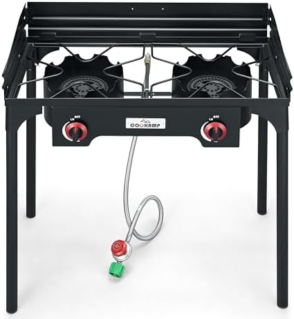 COOKAMP High Pressure Double Propane Burner With Windscreen Outdoor Camping Stove with 0-20 PSI Adjustable Regulator and Steel Braided Hose SA2510 (Two Burner Stove With Windscreen) - Image 4