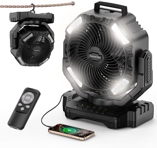 Socool 40000mAh Camping Fan Rechargeable, Battery Operated Portable Outdoor Fan Remote, 136Hrs & 4-Speed Cordless Oscillating, Table Fan with Light & Timer for Tent RV Jobsite Hurricane Power Outage by Socoolfancoolinhand