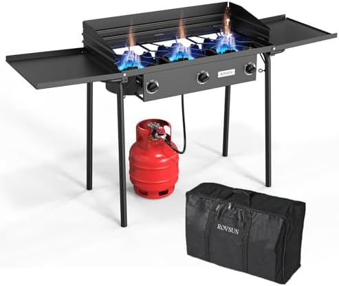 ROVSUN 3 Burner Propane Gas Stove with Side Shelf & Carrying Bag, 225,000BTU Outdoor Burner with Wind Panel & CSA Listed Regulator, Picnic Cooker for Home Patio Cooking Camping Brewing Turkey Frying by ROVSUN