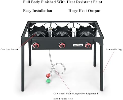 COOKAMP High Pressure Triple Propane Burner Outdoor Propane Camping Stove with 0-20 PSI Adjustable High Pressuer Regulator and Steel Braided Hose 3 Burner Stove Brewing Supply SA3500 - Image 3