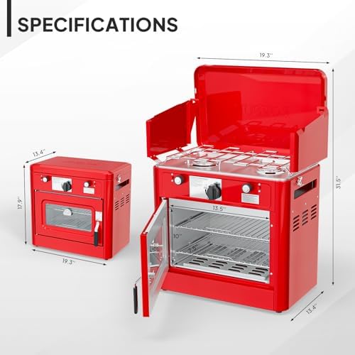 ROVSUN 2-in-1 Portable Camping Stove & Propane Oven with Piezo Igniter, 2 Burner Stove & Outdoor Oven with Adjustable Fire, Thermometer, Wind Panel & Regulator for Traveling, Tailgating (Red) - Image 6