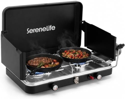 Camping Stove 2 Burner Propane Portable Camp Stove 24,400 BTU with Wind Guards Adjustable Burners Push Button Ignition Compact Outdoor Cooking for Camping Tailgating and Backyard by SereneLife