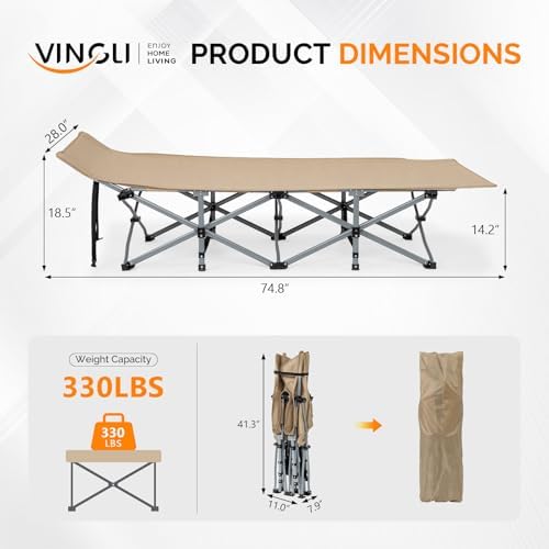 VINGLI Folding Camping Cot Bed,Camping Cots for Adults with Mattress, Foldable Cots for Sleeping with Pillow 1200D Layer Oxford for for Guest,Travel,Hiking-Brown 1P - Image 2