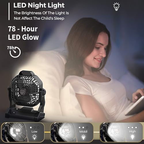 CONBOLA Portable Fan Rechargeable, 25400mAh Cordless Battery Powered Fan with LED Lantern, USB C Battery Operated for Travel Bedroom Home Camping Tent Office Beach Desk Fishing Table - Image 4