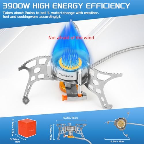3900W Portable Windproof Camping Stove Gas Cooking Burner, Lightweight Propane Burners with Piezo Ignition and Carrying Bag for Outdoor Backpacking Picnic Hiking - Image 2