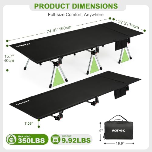 Height Adjustable Camping Cot, 350lbs Heavy-Duty Aluminum Frame, Black - Image 2