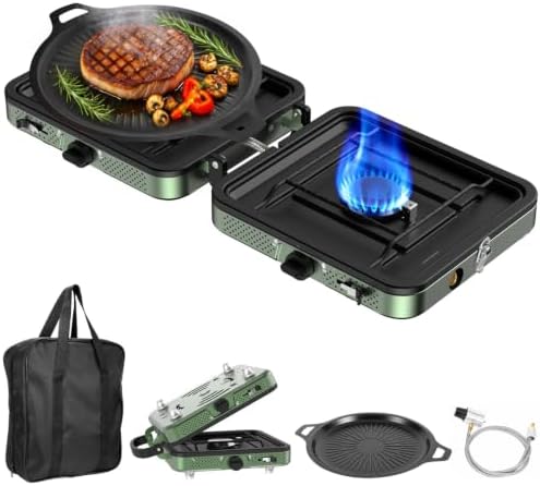 Portable Camping stove, 2 Burner Foldable Camping Stove with Griddle and Carrying Bag & Hose, 8600BTU Portable Propane Camp Stove with Ignition & 2 Adjustable Burners,for Camping Tailgating BBQ Grill by Gospowor